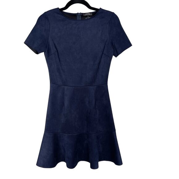 Aqua Small S Navy Blue Flounce Hem Faux Suede Dress Short Sleeve Crew Neck Zip - Picture 1 of 11